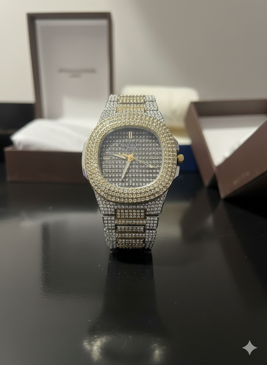 Luxury Diamond-Encrusted Timepiece – Gold & Silver Edition