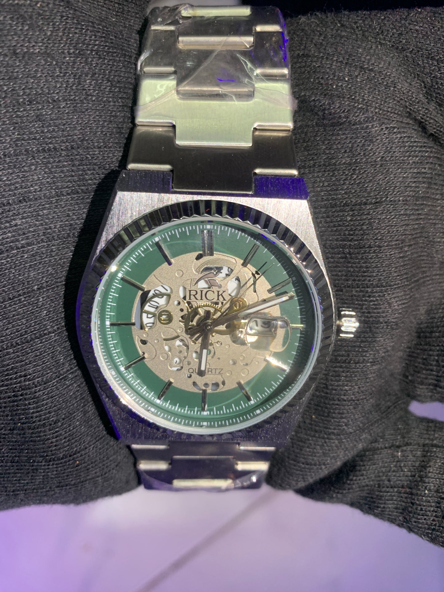 Rick Skeleton Silver Quartz Watch (Green Dial)