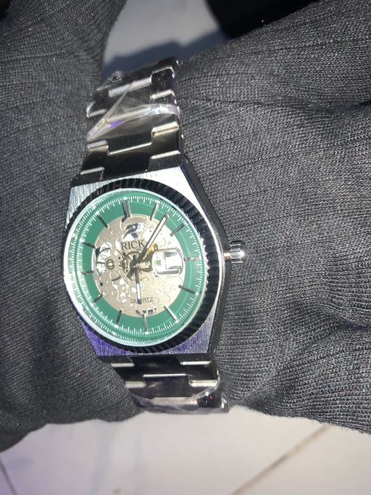 Rick Skeleton Silver Quartz Watch (Green Dial)